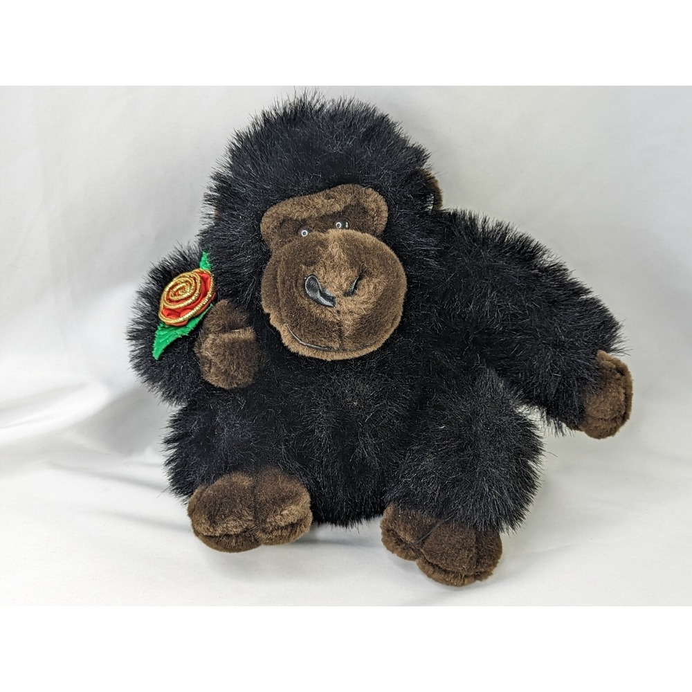 Black Gorilla Plush 10 Inch Red Rose Main Joy Stuffed Animal Toy